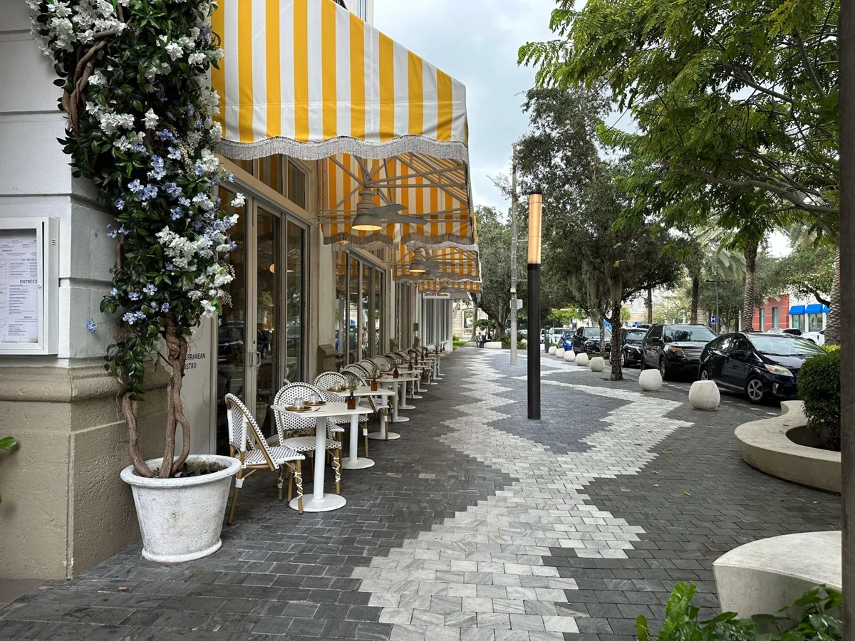 Shaded sidewalk café tables in Downtown Hollywood